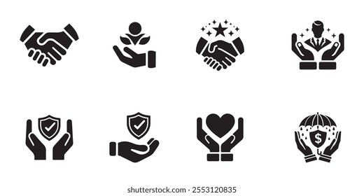 Silueta de conjunto de iconos de confianza sobre fondo blanco. Ilustración aislada para gráfico y Diseño web.