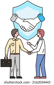 Trust icon vector. Handshake sign with shield. Partnership and agreement symbol. Trust for protection. Handclasp of human hands. Teamwork concept and business meeting, friendship, confidential contact