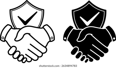Ícones de confiança. Ilustrações de vetor em preto e branco. Handshake e escudo. Fé na Honestidade, Decência e Boas Intenções de Outra Pessoa. Conceito de Influenciador