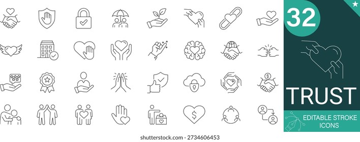 Trust Icons Set. Includes Handshake, Shield, Reliability, Partnership, Security and Loyalty Symbols. 36 Professional Line Icons with Editable Stroke. Perfect for Corporate and Business Projects.