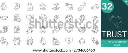 Trust Icons Set. Includes Handshake, Shield, Reliability, Partnership, Security and Loyalty Symbols. 36 Professional Line Icons with Editable Stroke. Perfect for Corporate and Business Projects.