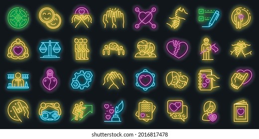 Trust icons set. Outline set of trust vector icons neon color on black