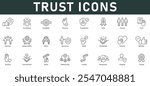 Trust Icons vector illustration with thin line editable stroke containing confidence credibility promise trustworthy faith truth reliance responsibility ethics assurance belief handshake