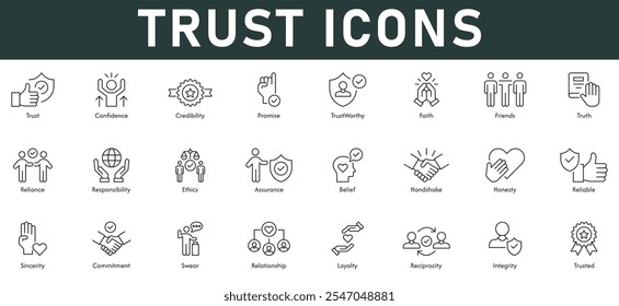 Trust Icons vector illustration with thin line editable stroke containing confidence credibility promise trustworthy faith truth reliance responsibility ethics assurance belief handshake