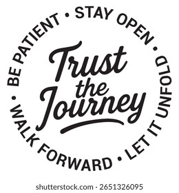 Trust the journey, be patient, stay open, let it unfold, walk forward, inspirational design quote, motivational quotes, typography illustration lettering quotes