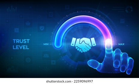 Trust levels knob button. Increasing confidence Level. Wireframe hand is pulling up to the maximum position circle progress bar with the handshake icon. High confidence level. Vector illustration. - Shutterstock ID 2259096997