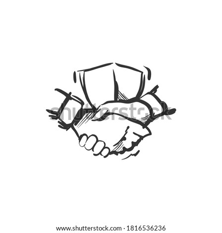 Trust line icon.Two hands shaking with shield on background. Reliable partnership. Outline drawing. Relying on other person concept. Isolated vector illustration