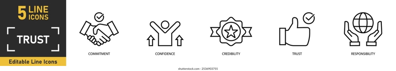 Ícone de linha de confiança definido. Conjunto de 5 ícones principais relacionados a compromisso, confiança, credibilidade, confiança, responsabilidade e muito mais. Ilustração vetorial.