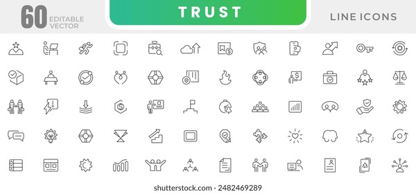 Trust line icon set. Believe, confidence, depend, trustworthy, friends, truth, faith, sincerity outline icon collection. UI thin outline icons pack.