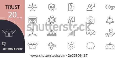 Trust line icon set. Believe, confidence, depend, trustworthy, friends, truth, faith and sincerity related outline icon collection. Editable Stroke.