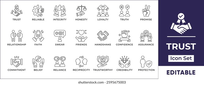 Trust Line Icon Set. Features editable icons for trust symbols, reliability, honesty, integrity, loyalty, confidence, and more. Perfect for business, marketing, and relationship building.