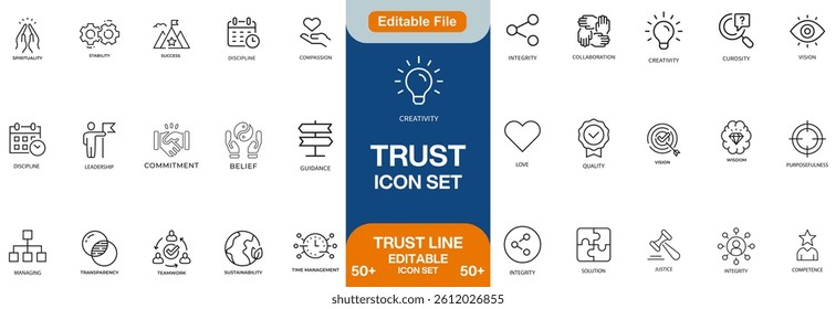 Trust Line Icon Set. Features editable icons for trust symbols, reliability, honesty, integrity, loyalty, confidence, and more. Perfect for business, marketing, and relationship ...