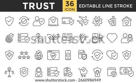 Trust Line Icon Set. Pixel Perfect and Outline Editable Stroke Icons collection for Trustworthy, Confidence, Credibility, Promise, Friends, Truth, Faith, Honesty, Loyalty, and Belief