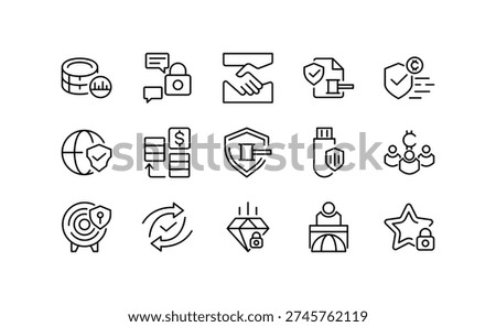 Trust line icon set. Reliable, commitment, unity, trust, consistency, friend, trusted, truth, loyalty, belief, partnership, alliance, joint effort outline icons. Editable stroke icon