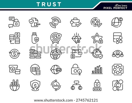 Trust line icon set. Reliable, commitment, unity, trust, consistency, friend, trusted, truth, loyalty, belief, partnership, alliance, joint effort outline icons. Editable stroke icon
