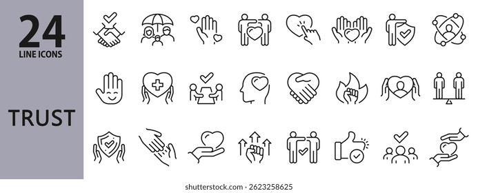 Ícones de linha de confiança definidos com Handshake, Ajuda, Parceria, Suporte, Cuidado, Responsabilidade e muito mais. Traço editável