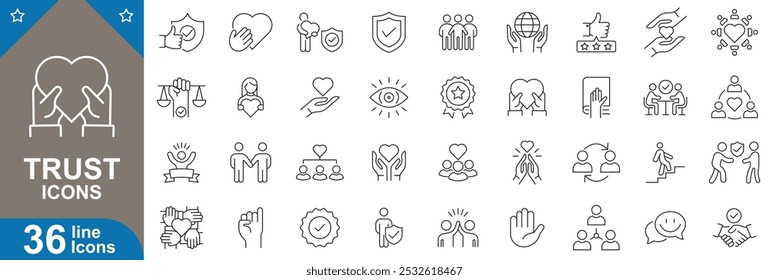 Trust line icons set. Verified, secure payment, seller, customer satisfaction, certified quality and more. vector illustrator.