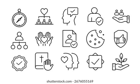 Confiar no conjunto de ícones lineares. Confiabilidade, segurança, handshake, ciberscópio, confiança, integridade, parceria, lealdade, acordo, garantia, segurança, conjunto de ícones de contorno de vetor. Pacote de ícones de linha fina da interface do usuário