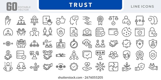 Trust linear icon set. Reliability, security, handshake, cyberscope, confidence, integrity, partnership, loyalty, agreement, assurance, safety, vector outline icon set. UI thin line icon pack