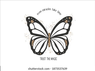 trust the magic with butterfly golden glitter love yellow daisy calligraphy banner with swashes for fashion graphics, t shirt prints, posters etc
stationery,mug,t shirt,phone case  fashion style trend