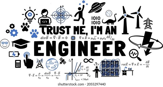 Trust me, I'm an engineer design featuring maxwell equations . Design Symbols and pictograms for electrical and mechanical engineers . I am an engineer meme joke image with many details .