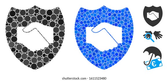 Trust mosaic of filled circles in various sizes and color hues, based on trust icon. Vector filled circles are composed into blue collage. Dotted trust icon in usual and blue versions.