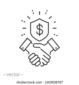 trust partnership in business icon, safe deal, handshake with shield, thin line web symbol on white background - editable stroke vector illustration eps10