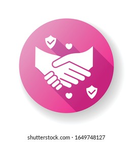 Trust pink flat design long shadow glyph icon. Strong friendship, reliable partnership. Trustworthy business, truthful interpersonal relationship. Handshake Silhouette RGB color illustration