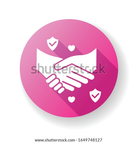 Trust pink flat design long shadow glyph icon. Strong friendship, reliable partnership. Trustworthy business, truthful interpersonal relationship. Handshake Silhouette RGB color illustration