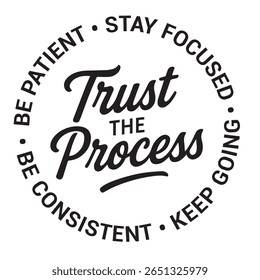 Trust the process, be patient, stay focused, keep going, be consistent, inspirational design quote, motivational quotes, typography illustration lettering quotes
