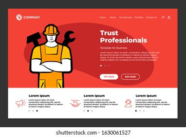 Trust professionals support builder repair service website landing page design template. Man husband for hour worker in helmet with wrench and hammer. Ordering labor home master vector illustration