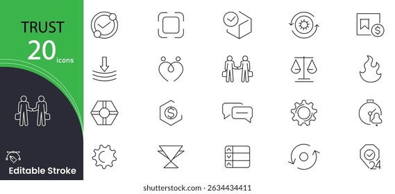 Trust related line icon set. Believe, confidence, depend, trustworthy, friends, truth, faith and sincerity outline icon collection. Editable stroke.