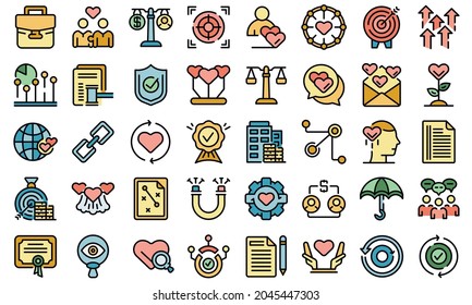 Juego de iconos de relación de confianza. Conjunto de esquemas de relación de confianza iconos vectoriales color de línea delgada plano aislado en blanco