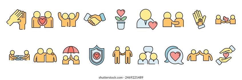 Trust relationship icons set outline vector. Fun friend. Solidarity trust thin line color flat on white