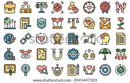 Trust relationship icons set. Outline set of trust relationship vector icons thin line color flat isolated on white