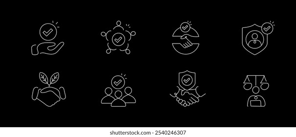 Conjunto de Ícones de Confiança e Confiabilidade | Ilustração de vetor de estilo de linha para integridade de negócios, confiança e credibilidade. Fundo escuro.