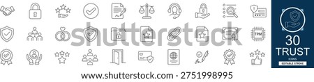 Trust and reliability line icon set with 36 icons showing security, safety, verification, certificate, honesty, and ethics. Clean linear vector with editable stroke.