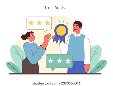 Trust Seals concept. Awarding excellence with verified ratings and accreditation emblems. Consumer confidence through recognized standards. Flat vector illustration.