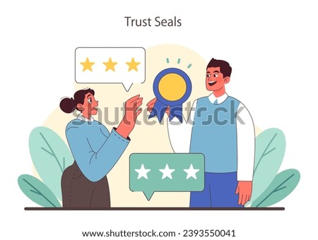 Trust Seals concept. Awarding excellence with verified ratings and accreditation emblems. Consumer confidence through recognized standards. Flat vector illustration.