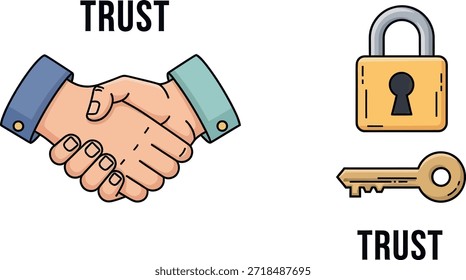 Symbol für Vertrauenswürdigkeit und Sicherheit: Handshake für Geschäftsvereinbarung und Schloss mit Schlüssel für Schutz. Vektorgrafik von Konzepten für Partnerschaft, bilaterales Vertrauen und Cybersicherheit.