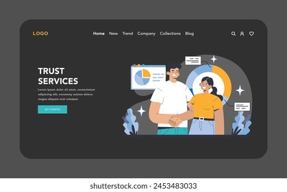 Trust Services night or dark mode web or landing page. Secure asset management and estate planning with trust services. Building a legacy through strategic wealth allocation. Vector illustration.