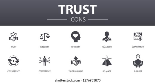 Vertrauen Sie einfachen Konzept-Symbole gesetzt. Enthält Symbole wie Integrität, Aufrichtigkeit, Engagement, Vertrauensbildung und mehr, kann für Web, Logo, UI/UX verwendet werden.