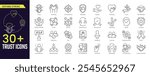 Trust Stroke icon collections. Containing Sincerity, Loyalty, Honesty, Trust, Handshake, Trusted, Ethics, Reliance, Truth, and Promise icons. Editable Stroke icon collection Outline icon