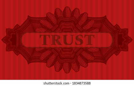 Trust text inside Linear currency red color emblem. Bars delicate background. Illustration. 