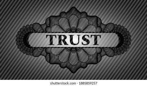 Trust text inside Linear currency carbon fiber dark emblem. Polymer texture fancy background. Artistic illustration. 