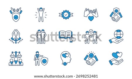 Trust thin blue icon set. Containing confidence, credibility, promise, trustworthy, faith, friends, truth, relience, responsibility, rthics. Vector illustration