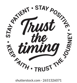 Trust the timing, stay patient, stay positive, trust the journey, keep faith, inspirational design quote, motivational quotes, typography illustration lettering quotes