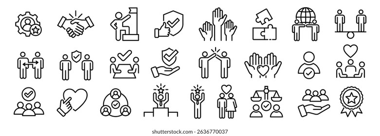 Confiança ou conjunto de ícones confiáveis. Integridade, confiança, confiabilidade, credibilidade, Amor, amizade, caridade, trabalho em equipe, negócios, promessa, confiável, amigos, verdade, fé, sinceridade, vetor símbolo de honestidade