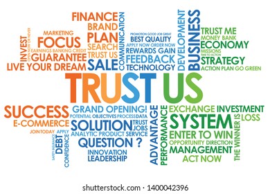 Trust Us in word cloud and white background