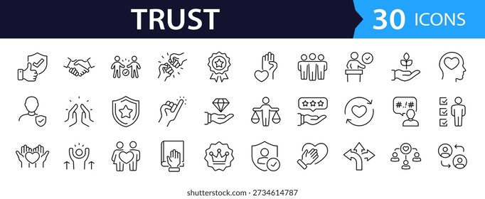Trust Web Icon Set in Linear Style. Collection of trustworthy, line icons, including trustworthy, credibility, confidence, integrity, confidence, promise, loyalty, honesty and more. Editable stroke